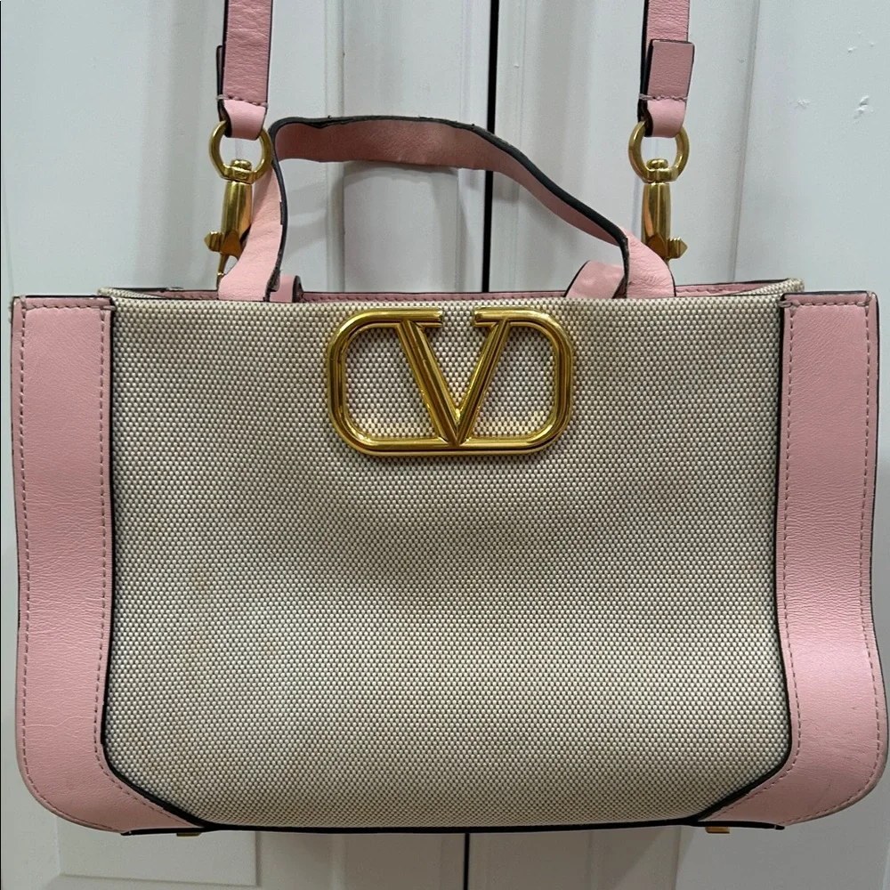 Valentino Garavani Pink Leather and  Canvas  Small tote bag VG gold logo